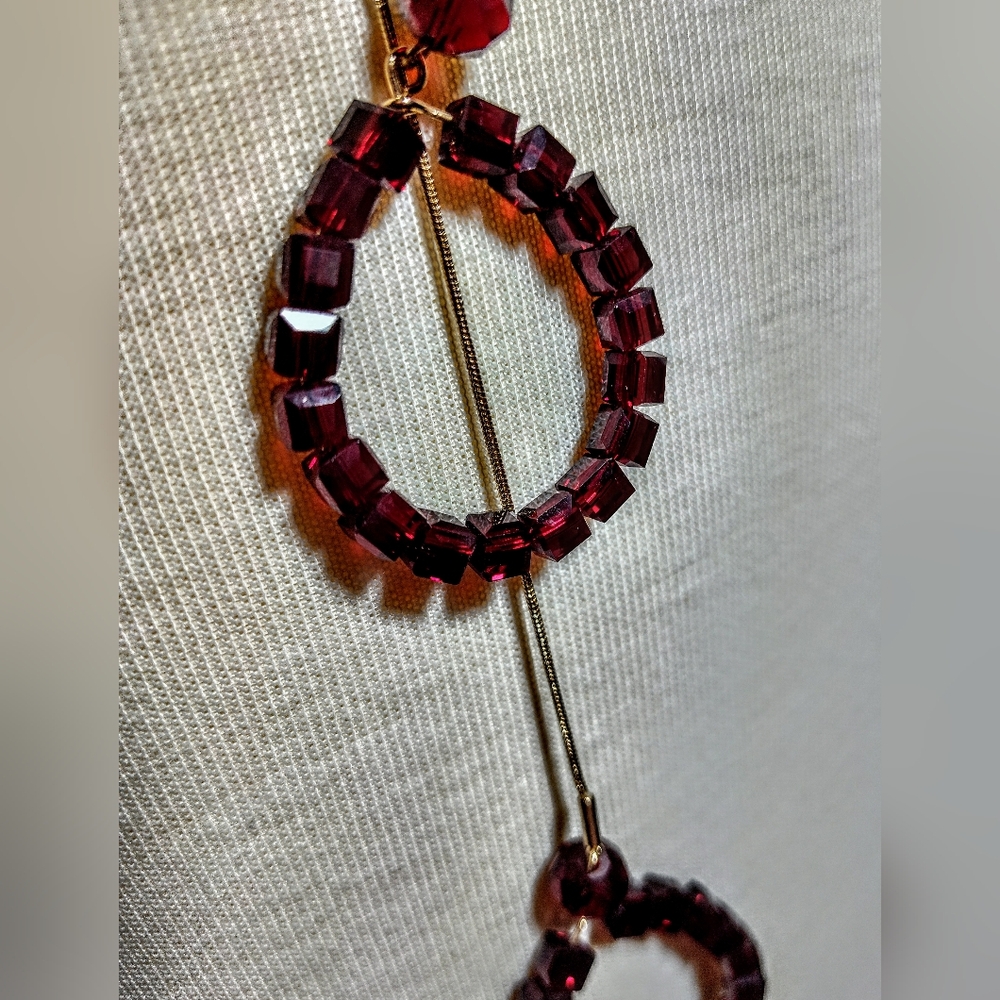 Long Gold and Ruby Red Crystal Double Teardrop Necklace and Earring Set NWOT